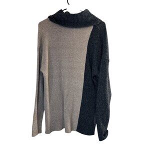 Leo & Nicole Women’s Colorblock Cowl Neck Sweater, 1X, Beige and Charcoal Gray,